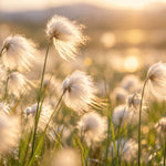 Afbeelding van pluizige witte pluimen op dunne stelen in een veld, van achteren verlicht door een gouden zon met wazige achtergrond.