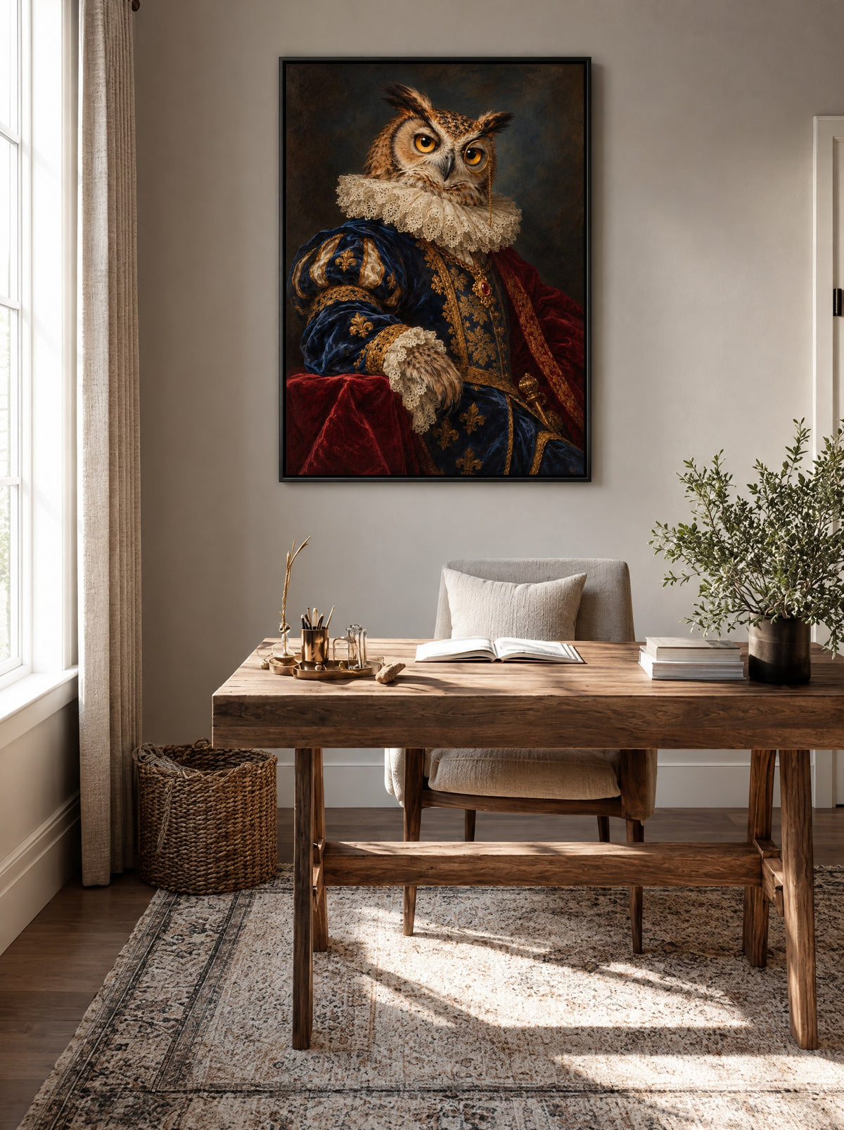 Uil in Edelmanskostuum in zwarte lijst boven een crèmekleurige bank in een warme woonkamer.
