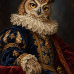 Schilderij van een uil met monocle in een kanten kraag, een marineblauw fluwelen kostuum met gouden lelies en een bordeauxrode mantel.