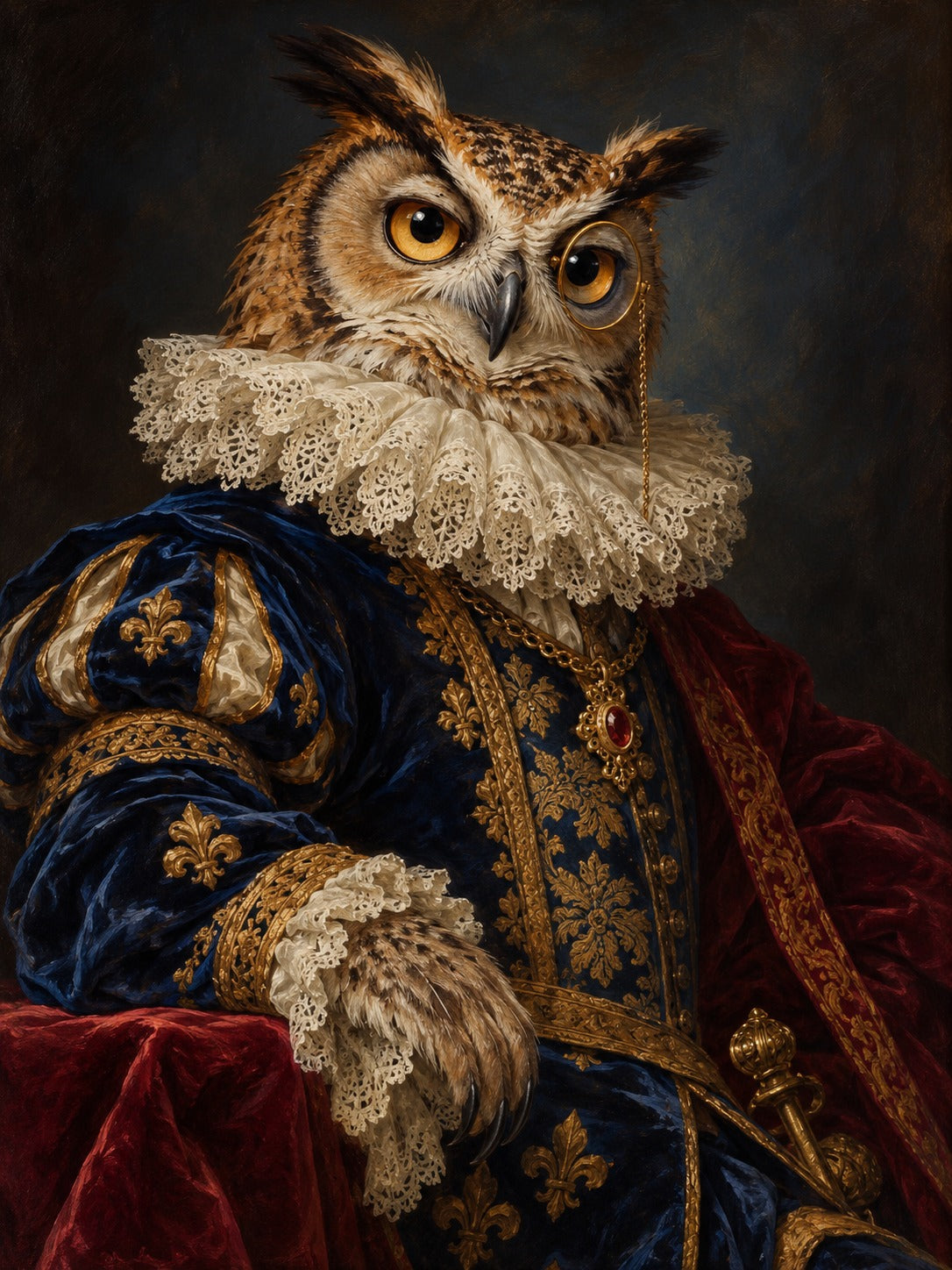 Schilderij van een uil met monocle in een kanten kraag, een marineblauw fluwelen kostuum met gouden lelies en een bordeauxrode mantel.