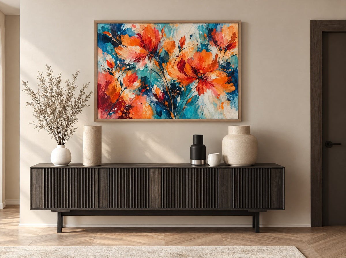 Abstracte Bloemen in Oranje in natuur houten lijst boven het bed in een warme slaapkamer.