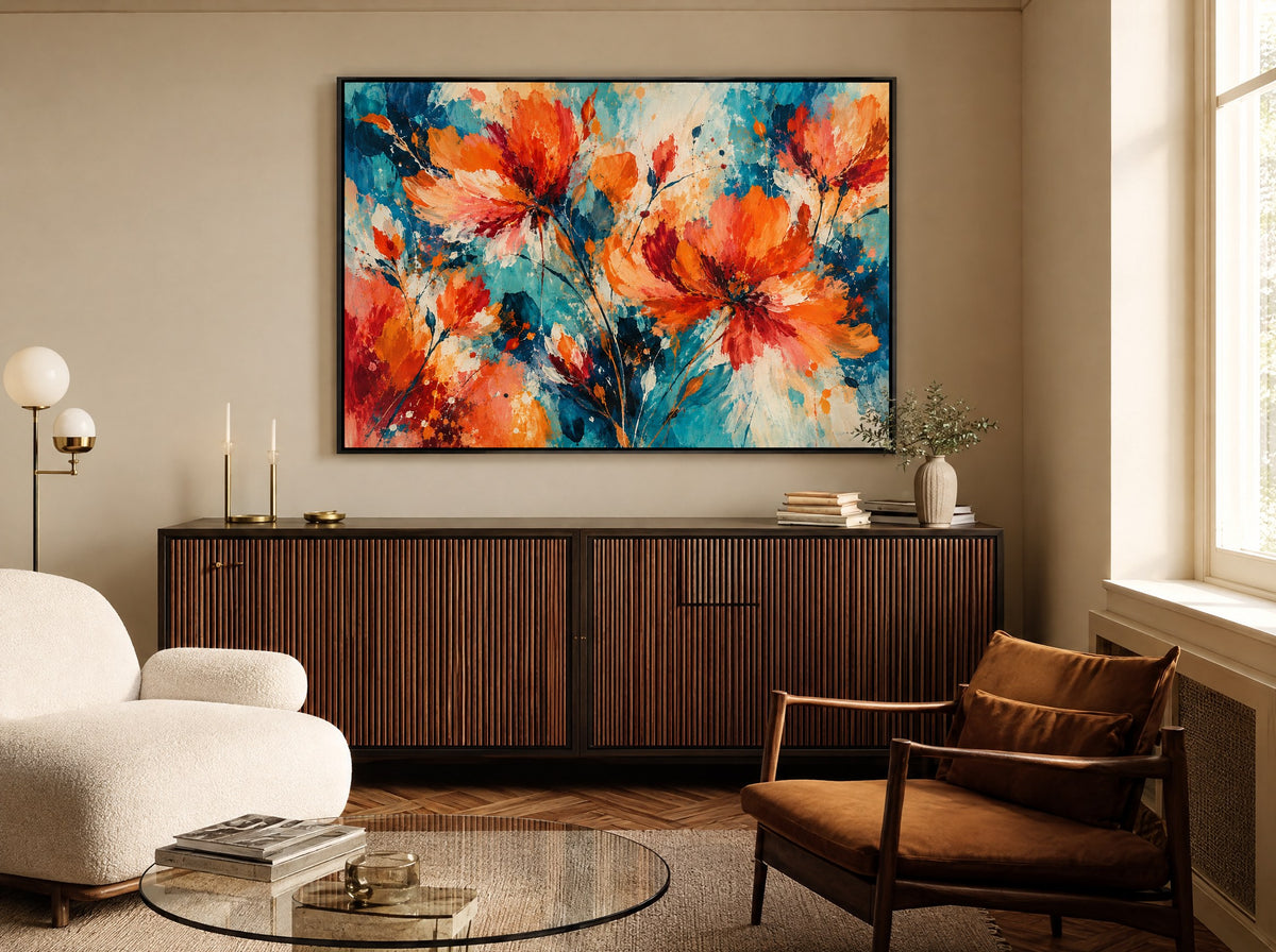 Abstracte Bloemen in Oranje in zwarte lijst boven een crèmekleurige bank in een warme woonkamer.