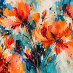 Abstract schilderij van grote oranje en rode bloemen met losse penseelstreken en verfspatten op een turquoise en marineblauwe achtergrond.