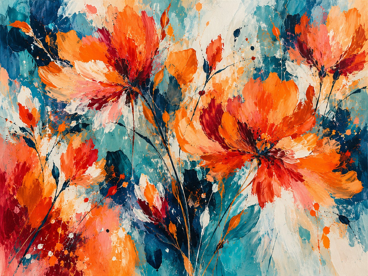 Abstract schilderij van grote oranje en rode bloemen met losse penseelstreken en verfspatten op een turquoise en marineblauwe achtergrond.