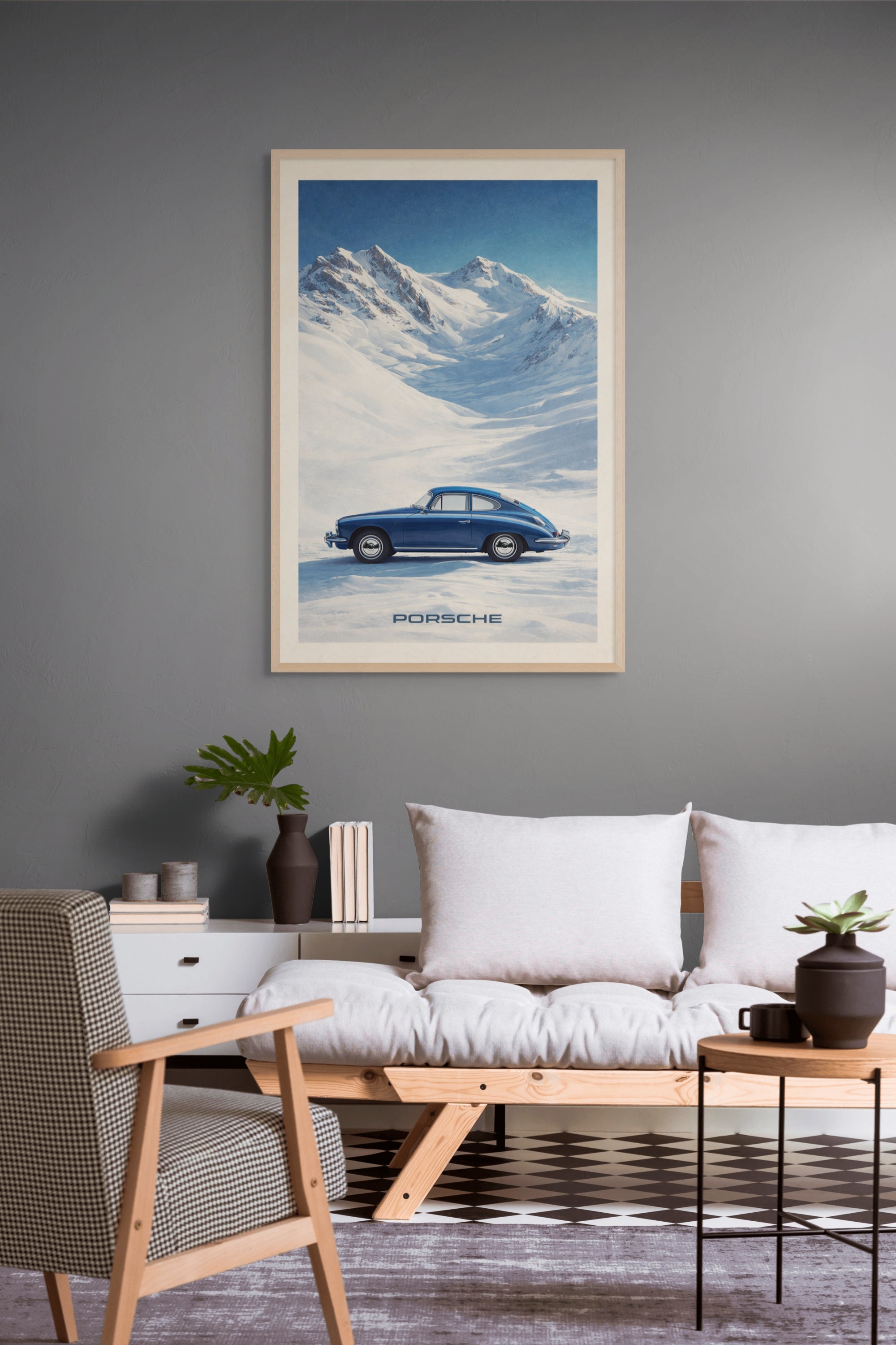 Blauwe Porsche Wanddecoratie Alpen – Sportauto Landschap Canvas Print