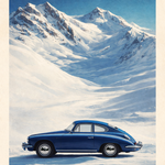 Blauwe Porsche op Alpenroute wanddecoratie met sportwagen in de bergen