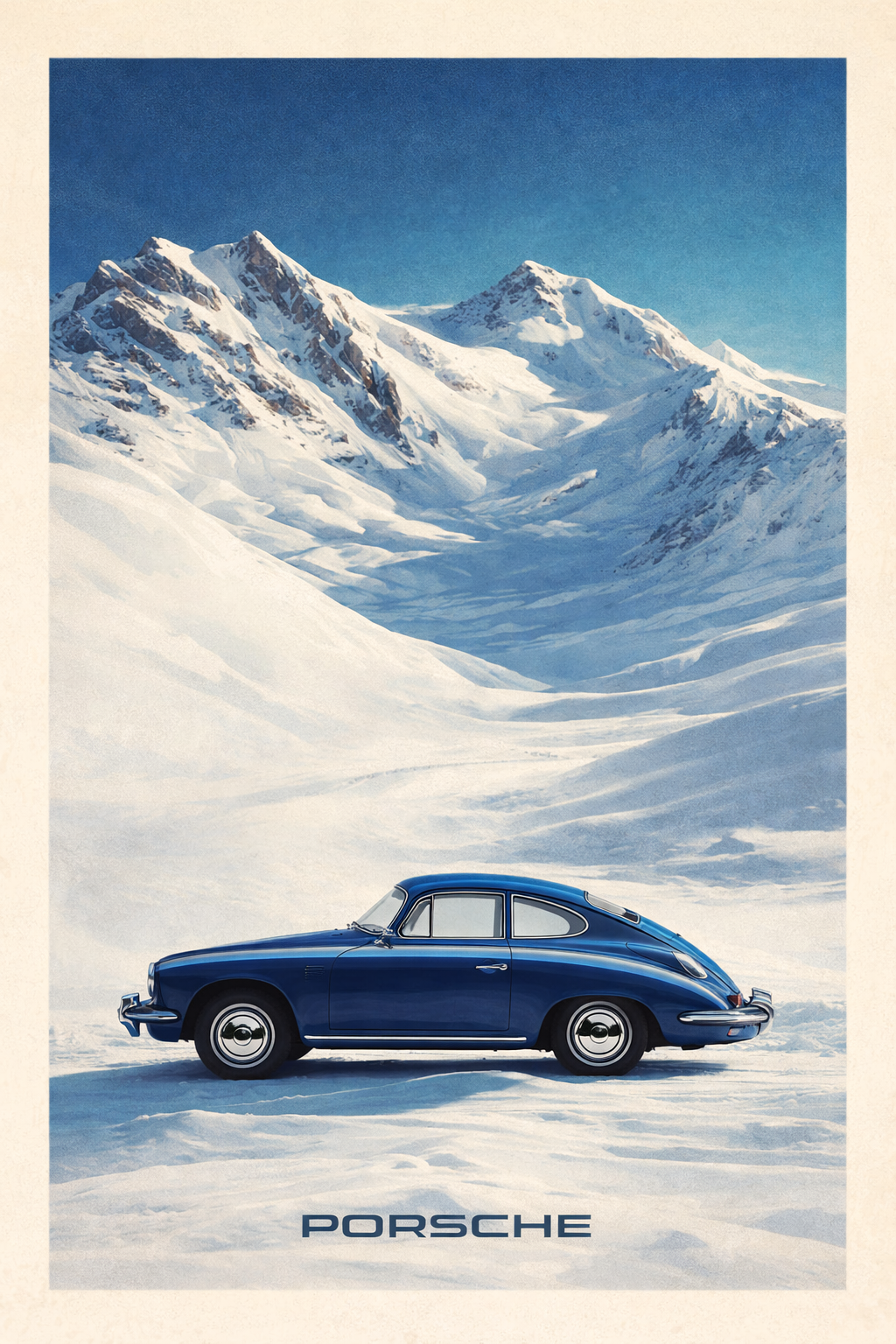 Blauwe Porsche op Alpenroute wanddecoratie met sportwagen in de bergen