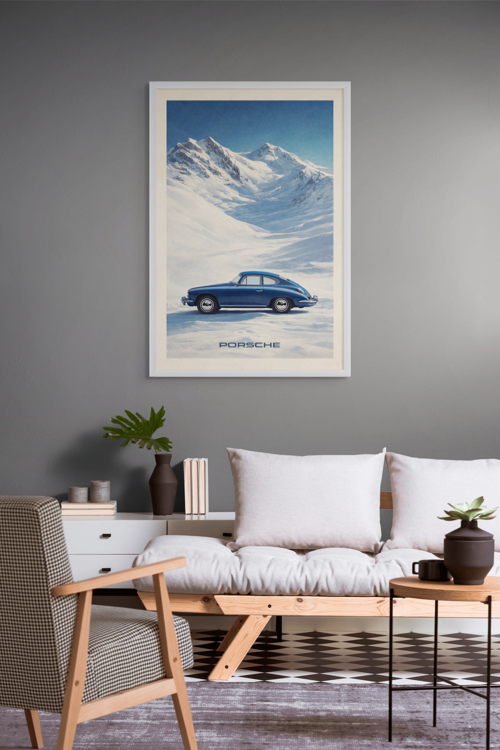 Blauwe Porsche Wanddecoratie Alpen – Sportauto Landschap Canvas Print