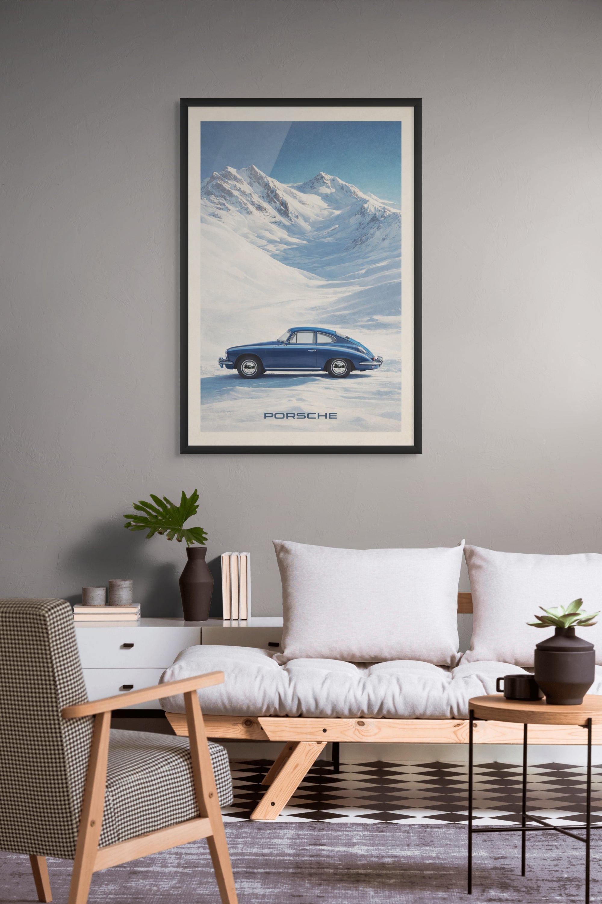Blauwe Porsche Wanddecoratie Alpen – Sportauto Landschap Canvas Print