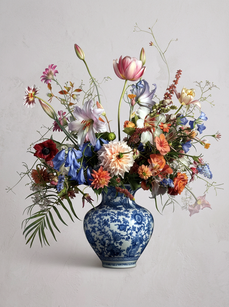 Bloemenchaos in Delfts Blauw wanddecoratie met bloemen in Delfts blauwe stijl