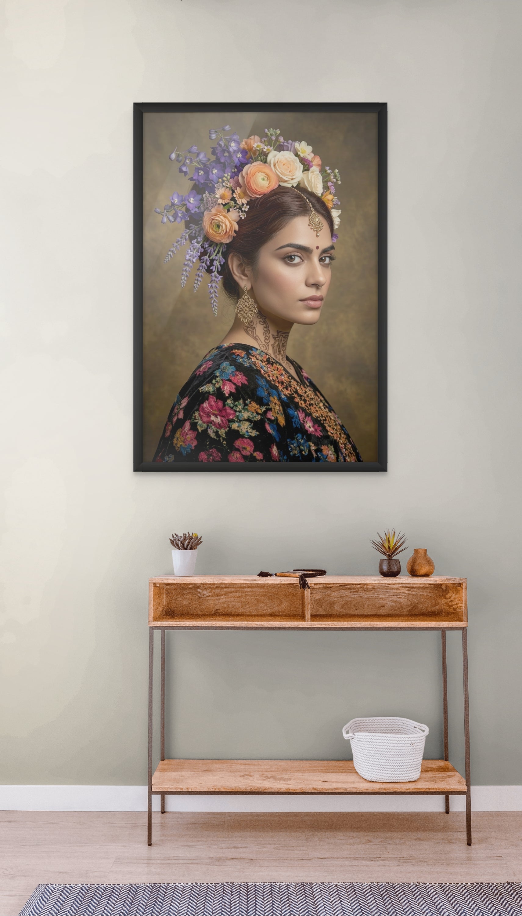 Bloemenkoningin Portret Wanddecoratie – Kleurrijk Vrouw Canvas Print