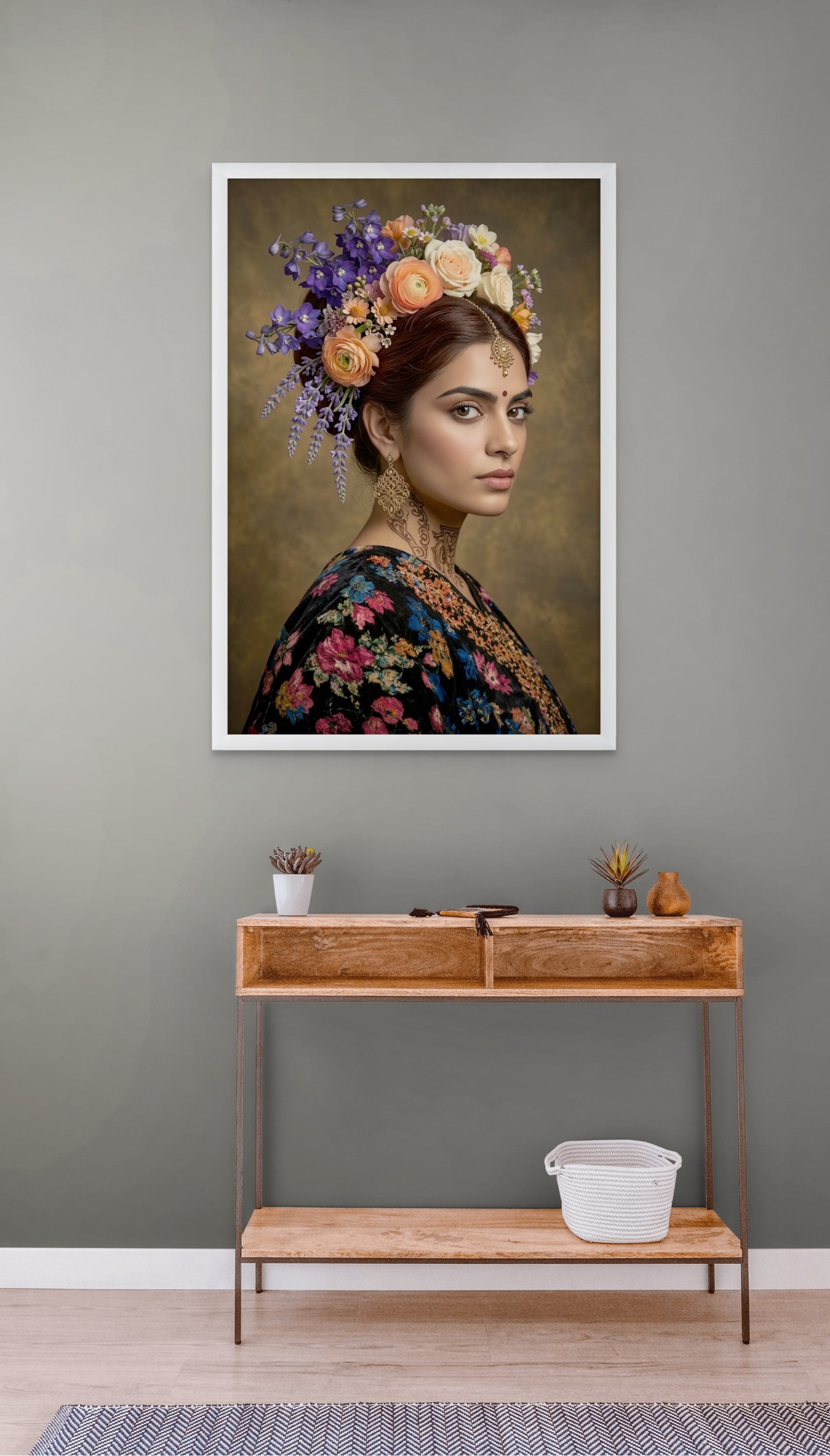 Bloemenkoningin Portret Wanddecoratie – Kleurrijk Vrouw Canvas Print