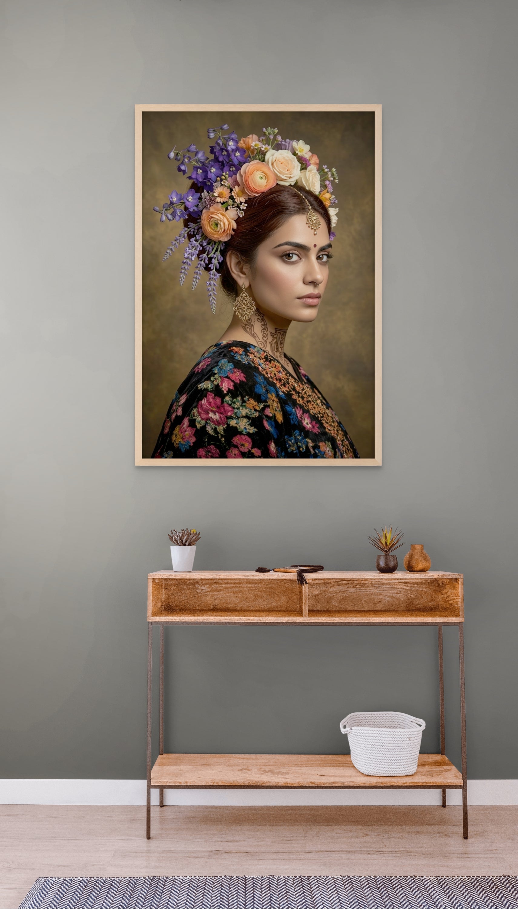 Bloemenkoningin Portret Wanddecoratie – Kleurrijk Vrouw Canvas Print