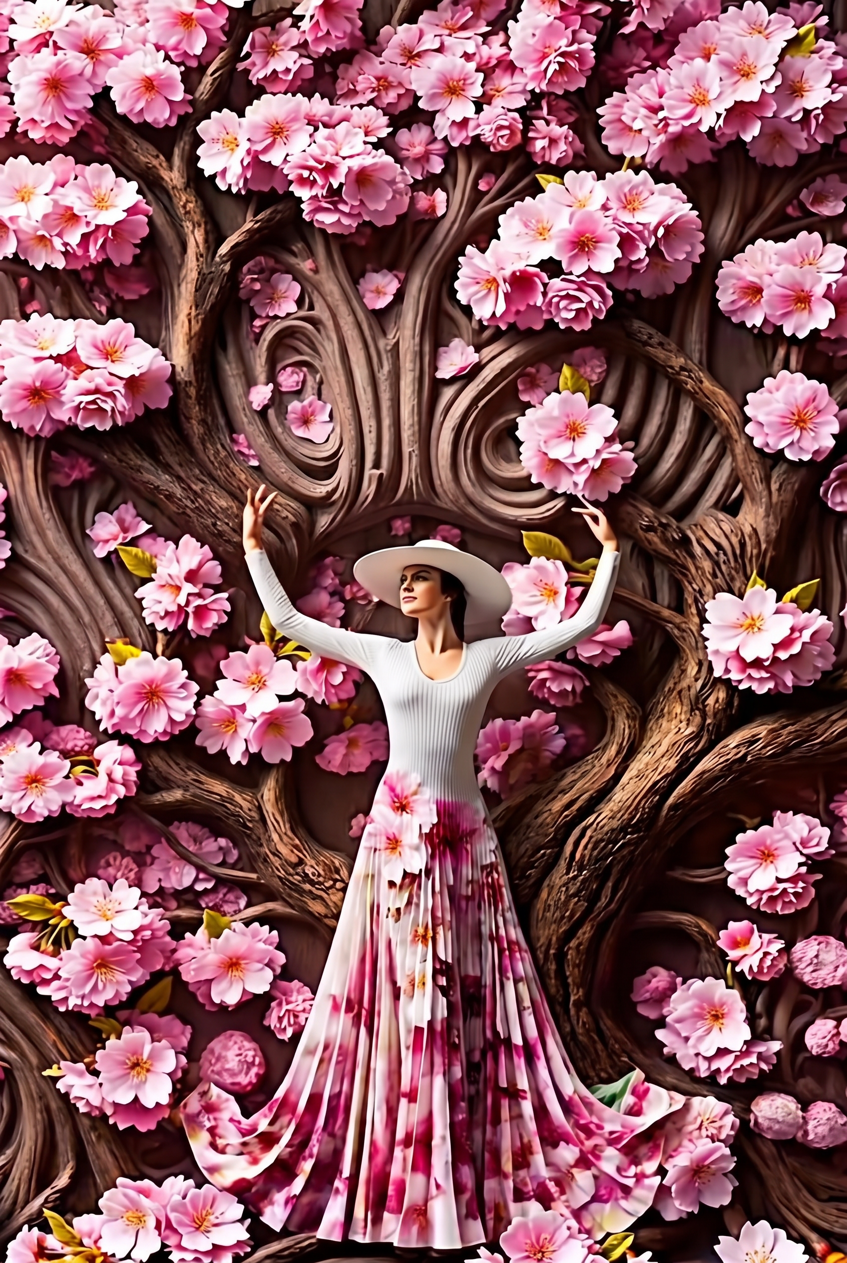 Blütentanz unter rosa Zweigen – Wandbild auf Leinwand, Aluminium oder Poster
