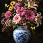 Blooming Elegance in Delft Blue Harmony wanddecoratie met bloemen in Delfts blauw