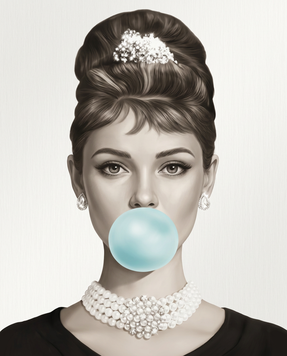 Blue Bubble Elegance wanddecoratie met elegant portret in blauwtinten