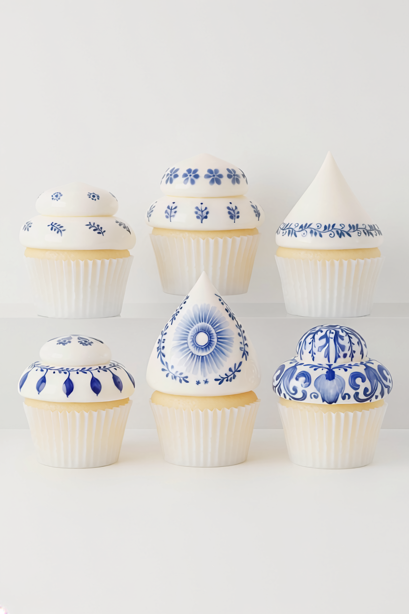 Blue Porcelain Cupcake Collection wanddecoratie met cupcakes in porseleinblauw