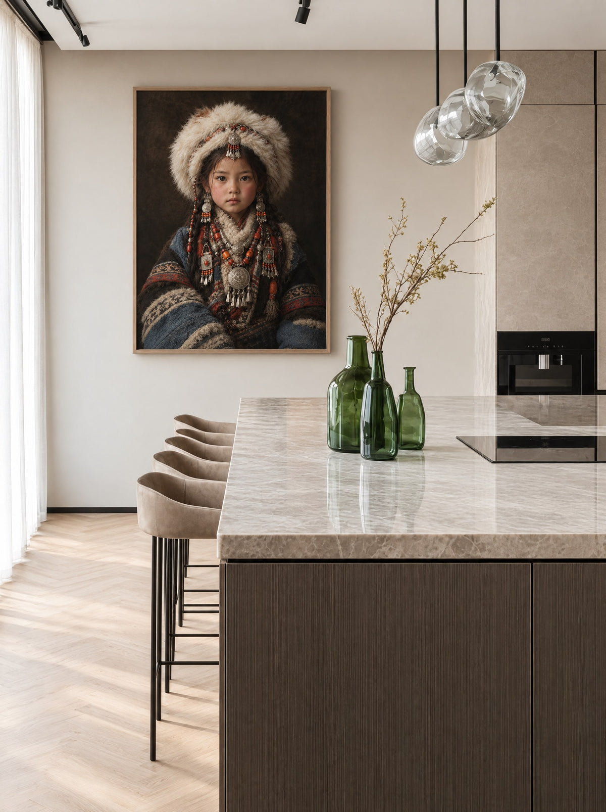 Portret van een meisje met bontmuts in een natuur houten lijst, aan de muur in een lichte woonkamer.