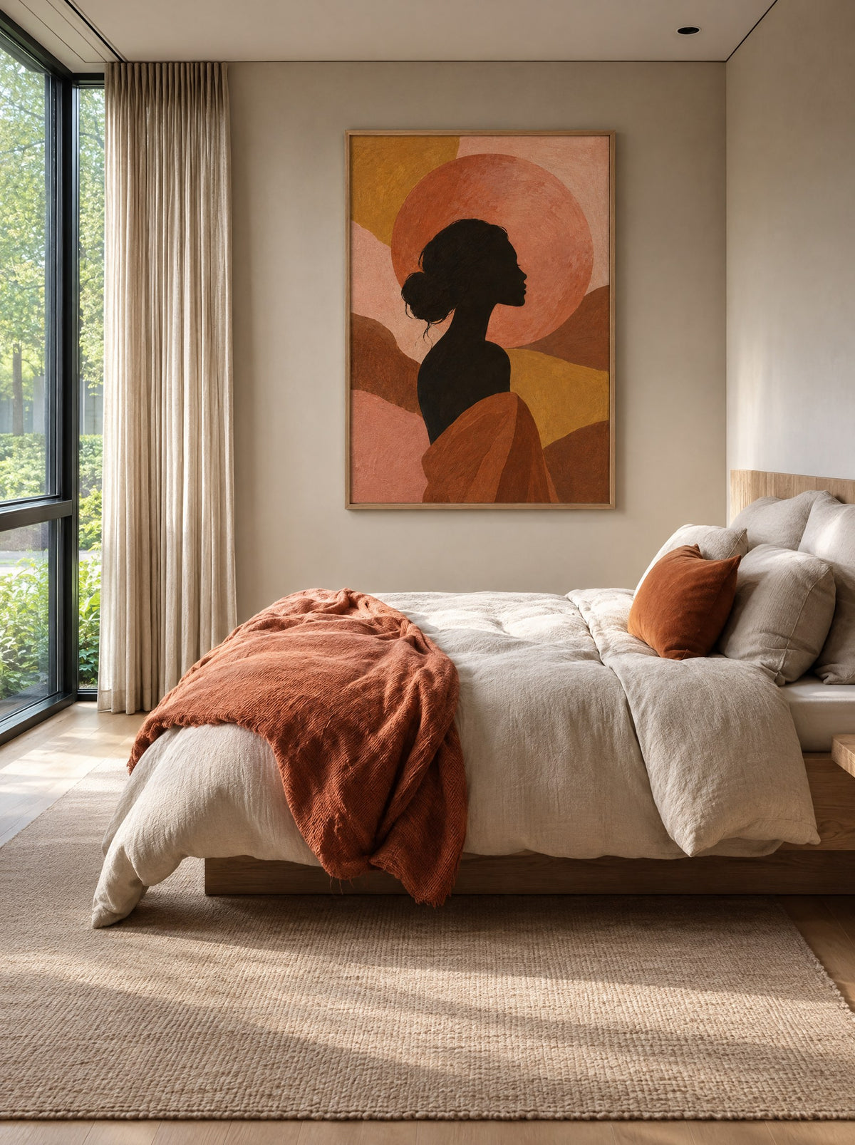 Silhouetschilderij met terracotta zon in een natuur houten lijst, in een lichte slaapkamer met aardetinten.