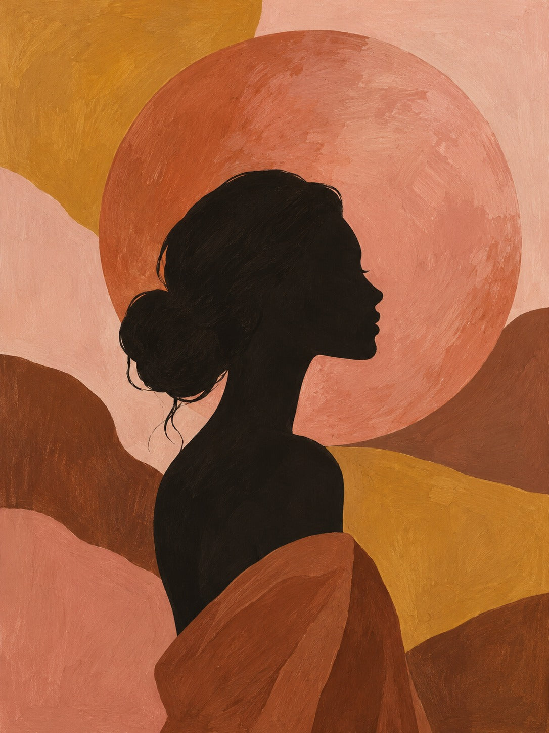 Zwart silhouet van een vrouw met knot voor een grote terracotta zon en golvende heuvels in oker en roze.