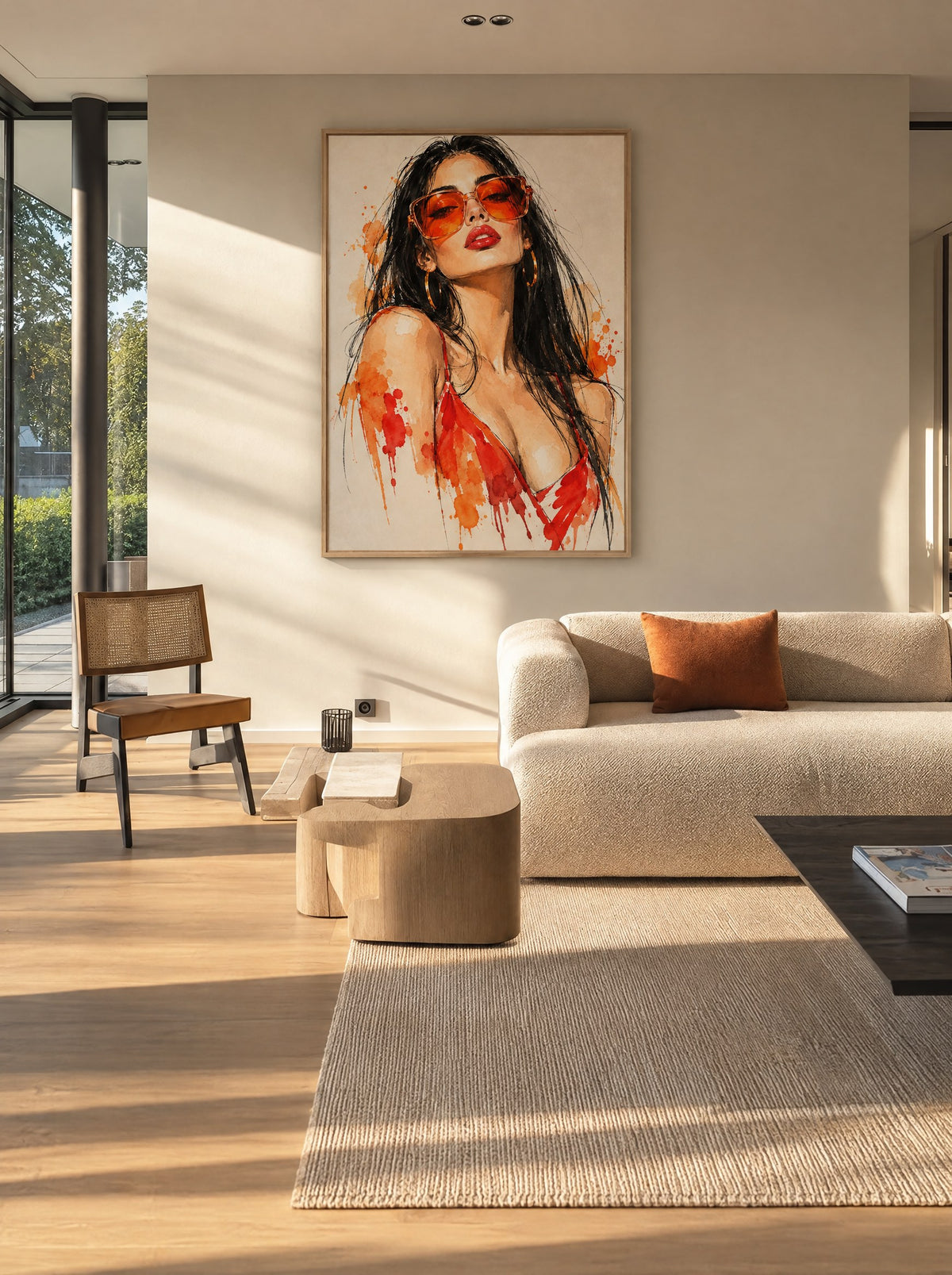 Modeportret met oranje zonnebril in een natuur houten lijst, aan de muur in een lichte woonkamer.