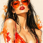 Aquarel van een vrouw met lang zwart haar, oranje zonnebril en rood topje met oranje en rode verfspatten.