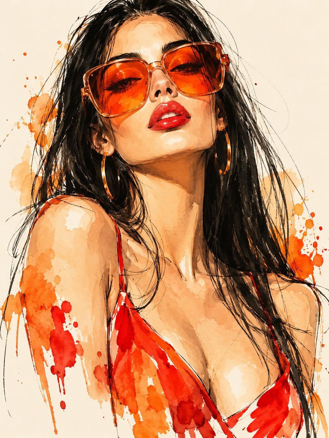 Aquarel van een vrouw met lang zwart haar, oranje zonnebril en rood topje met oranje en rode verfspatten.