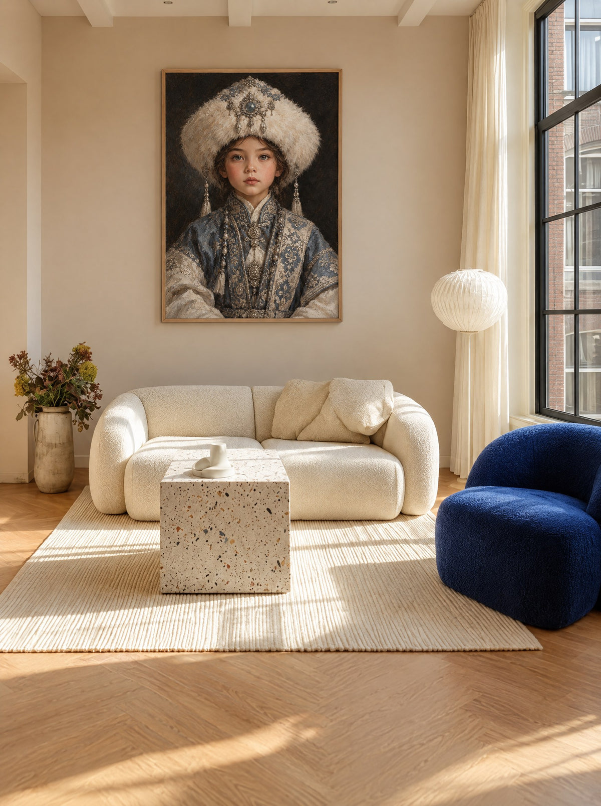 Klassiek kinderportret in een natuur houten lijst, aan de muur in een lichte woonkamer.