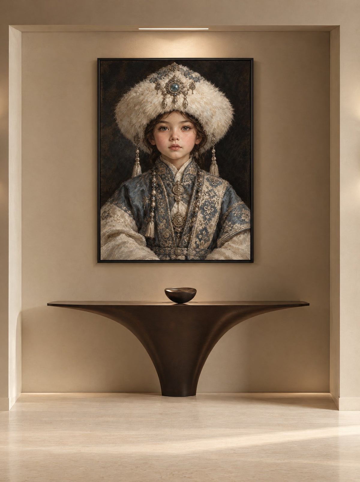 Klassiek kinderportret in een zwarte lijst, aan de muur in een stijlvolle eetkamer.
