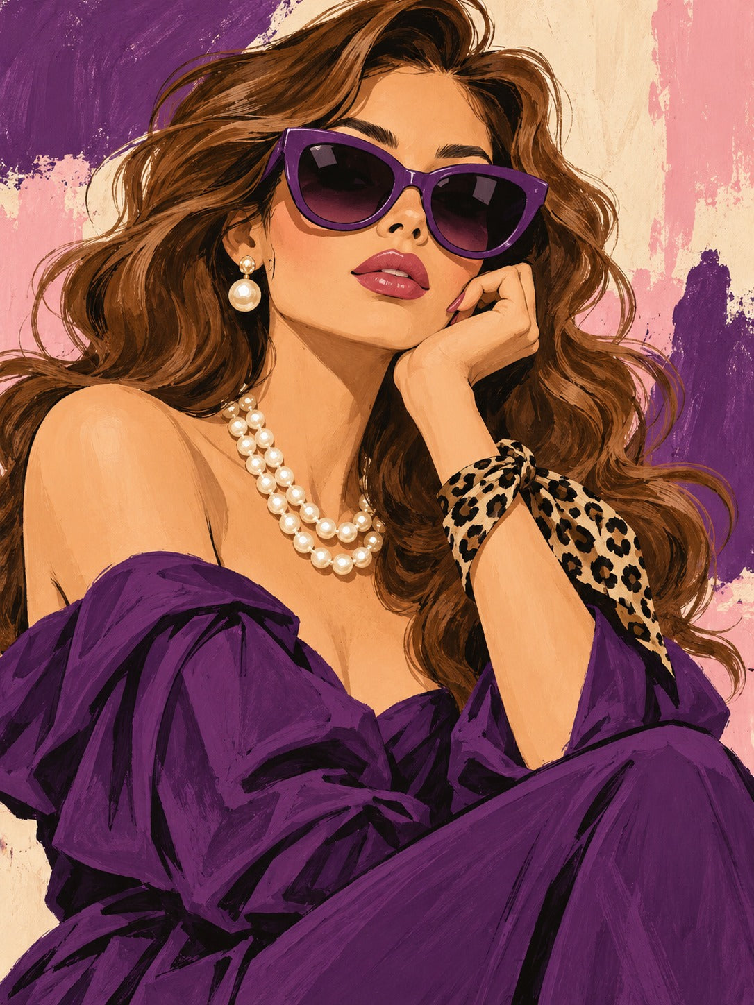 Illustratie van een vrouw met golvend haar, paarse zonnebril, parelketting en paarse jurk voor paars-roze penseelvlakken.