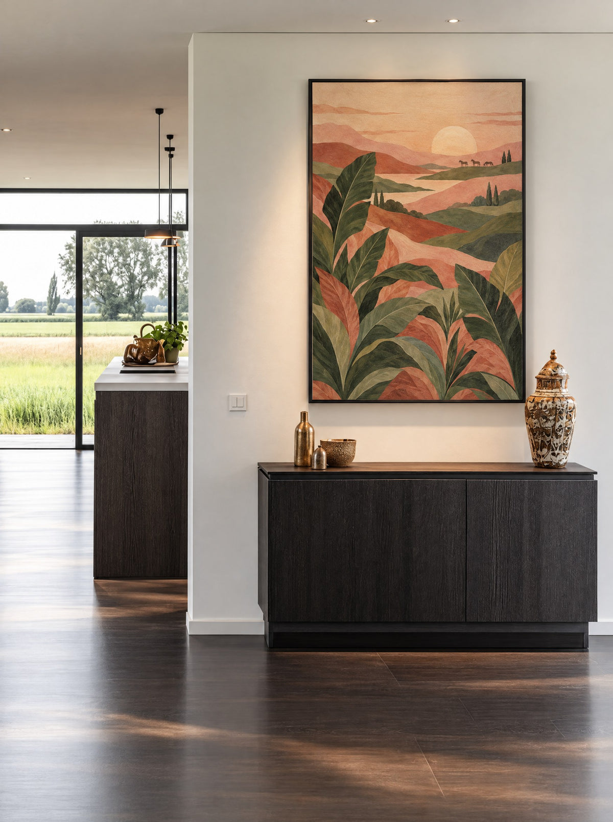 Heuvellandschap met paarden in een zwarte lijst, aan de muur in een rustige woonkamer.