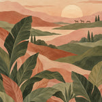 Landschap met golvende terracotta en groene heuvels, een ondergaande zon, drie paarden in de verte en grote bladeren op de voorgrond.