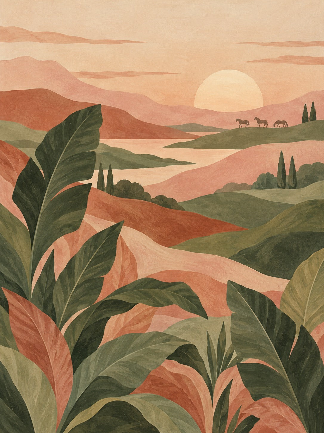 Landschap met golvende terracotta en groene heuvels, een ondergaande zon, drie paarden in de verte en grote bladeren op de voorgrond.