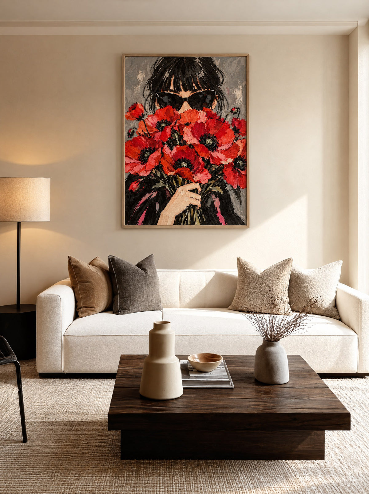 Schilderij van rode klaprozen in een natuur houten lijst, aan de muur in een lichte eetkamer.