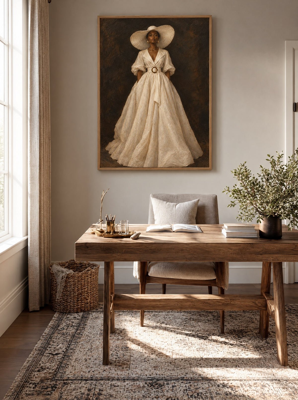 Elegant portret in een natuur houten lijst, aan de muur in een lichte slaapkamer.