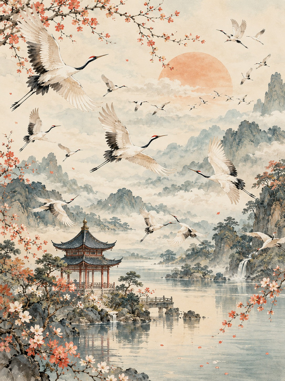 Aquarel van witte kraanvogels boven een meer met nevelige bergen, een paviljoen en takken met koraalrode bloesem.