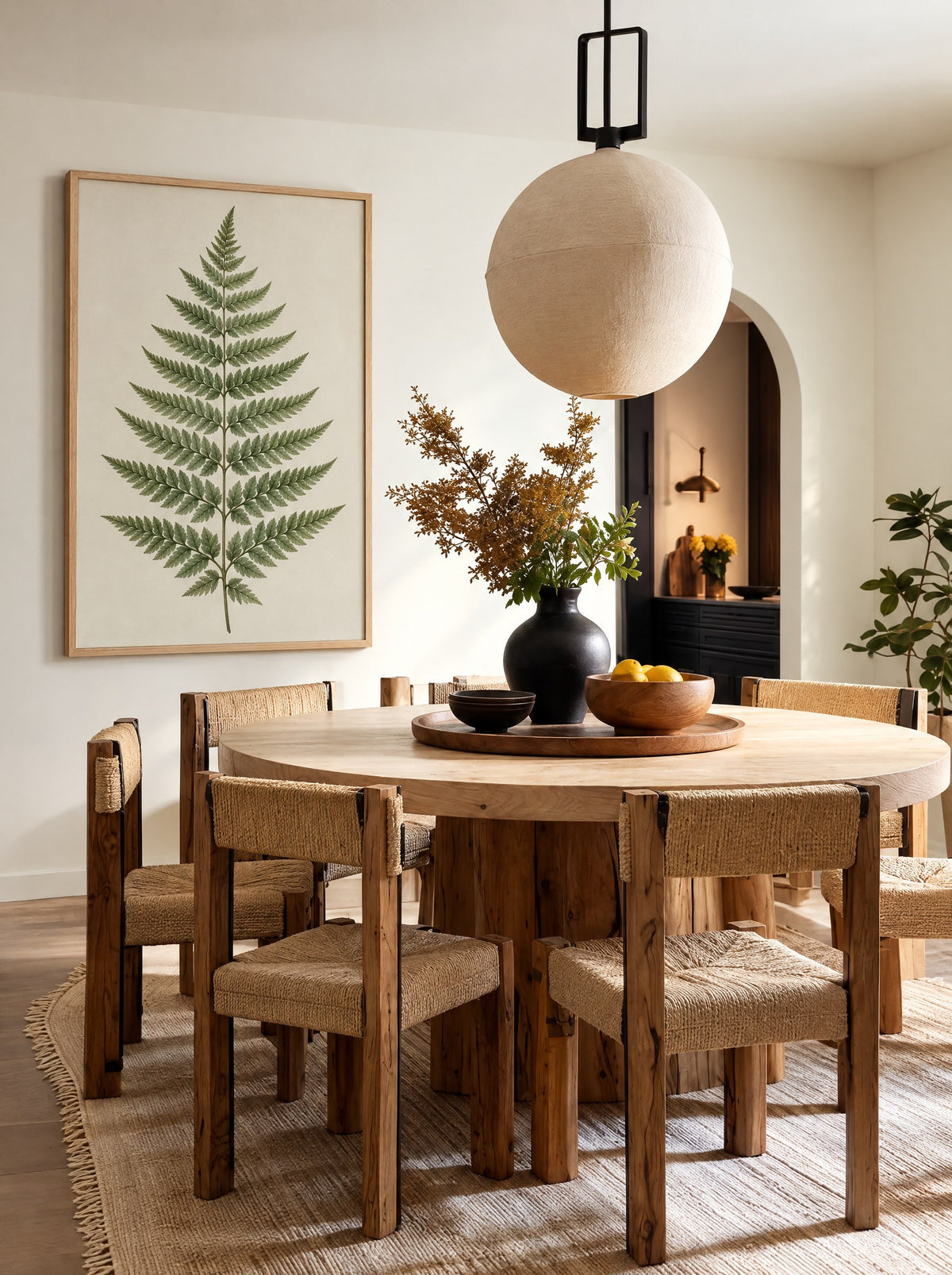 Botanische varenprint in een natuur houten lijst, aan de muur in een rustige slaapkamer.