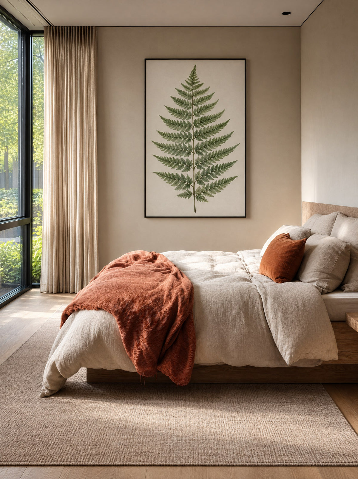 Botanische varenprint in een zwarte lijst, aan de muur in een lichte woonkamer.