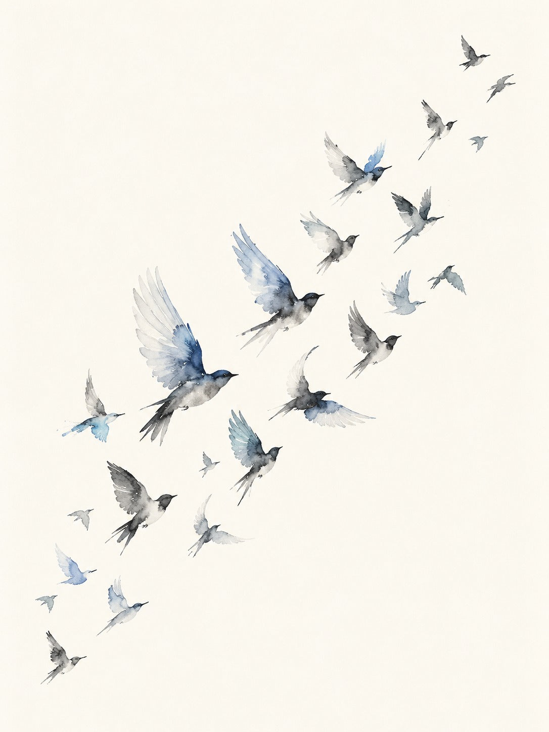 Aquarel van een zwerm vogels met blauwe en grijze vleugels die schuin omhoog vliegen tegen een crèmekleurige achtergrond.