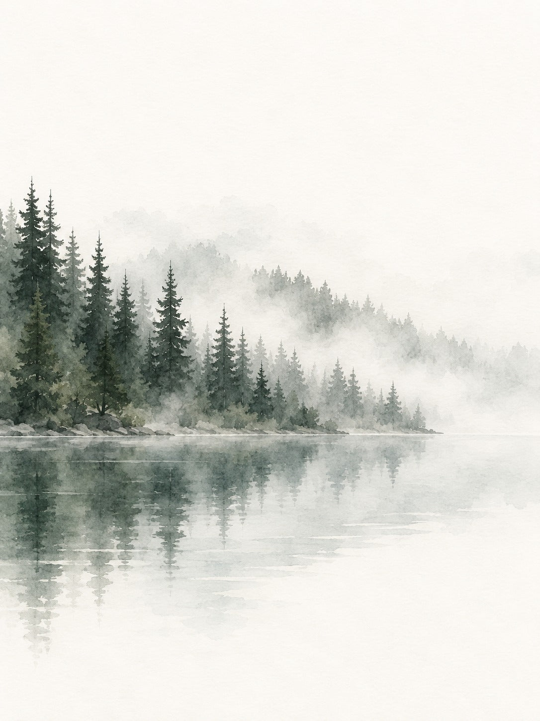 Aquarel van donkere dennen langs een oever met mist en hun spiegelbeeld in glad water.