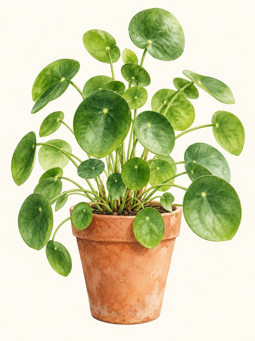 Aquarel van een pilea met ronde groene bladeren in een terracotta pot op een crèmekleurige achtergrond.