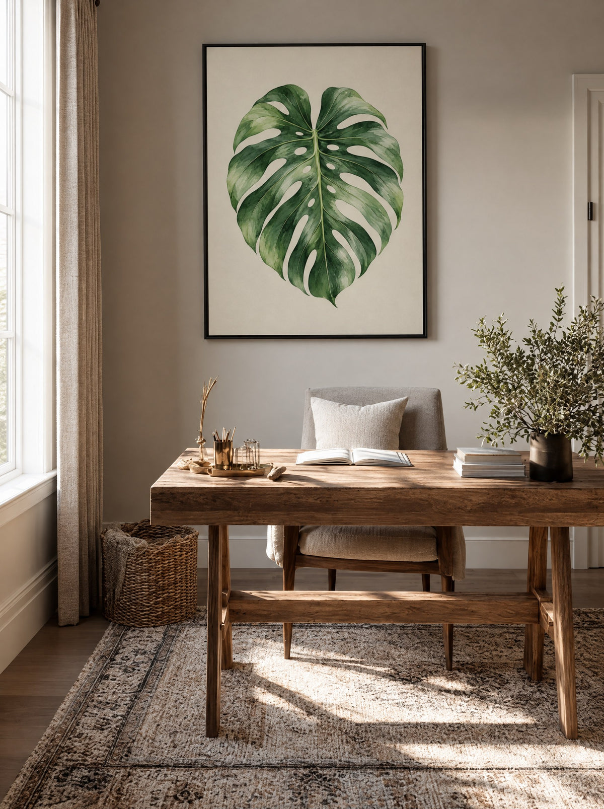 Monsterablad in een zwarte lijst, aan de muur in een lichte woonkamer met planten.