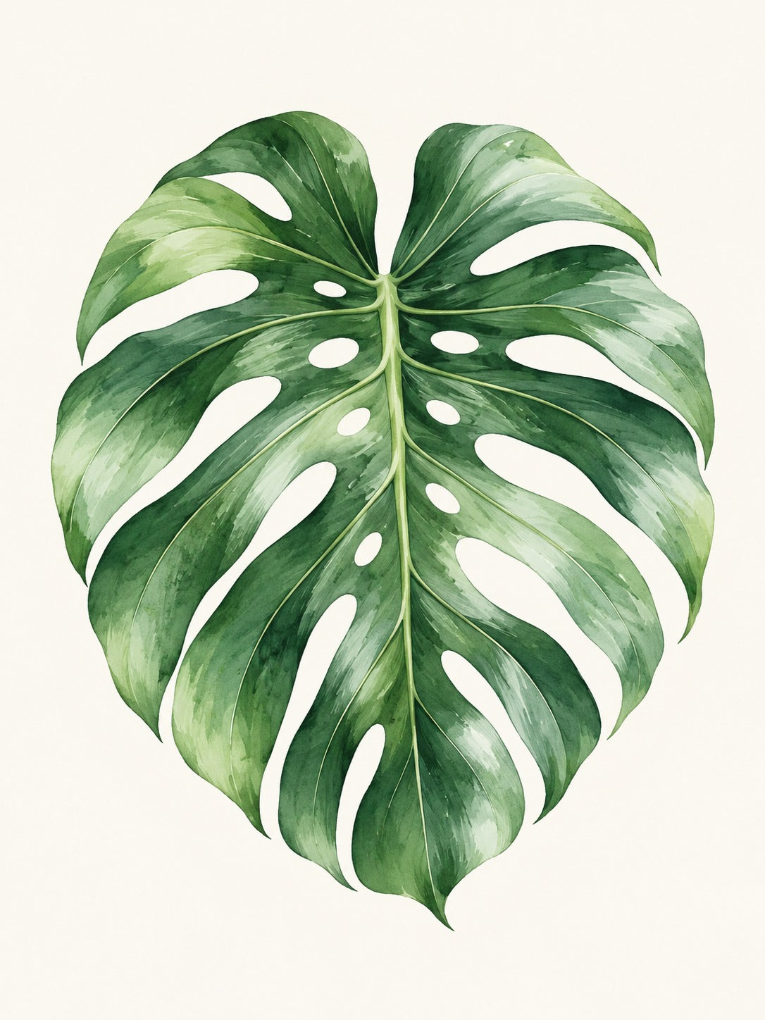 Aquarel van één groot groen monsterablad met inkepingen en gaten op een crèmekleurige achtergrond.
