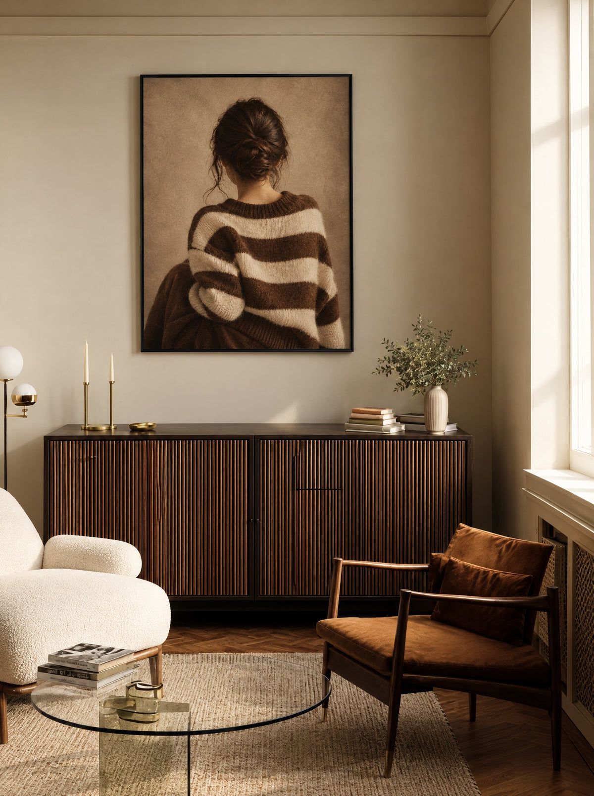 Portret van een vrouw met gestreepte trui in een zwarte lijst, aan de muur in een gezellige woonkamer.