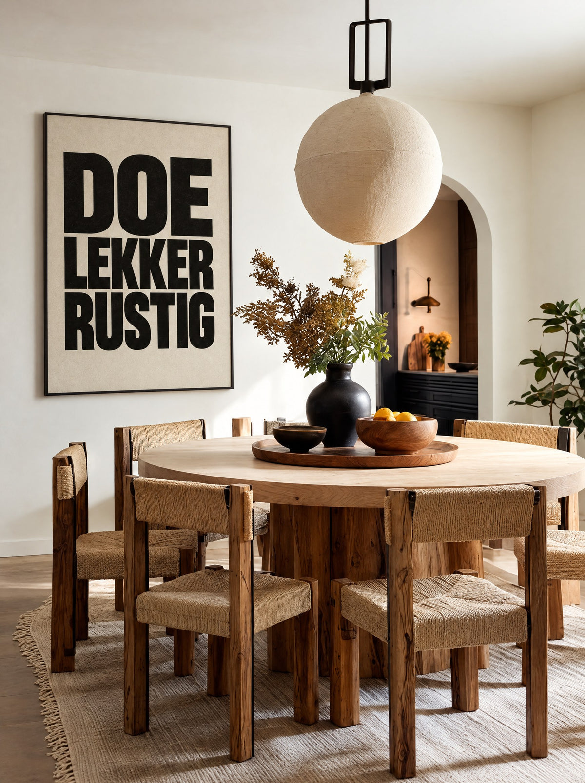 Tekstposter Doe lekker rustig in een zwarte lijst, aan de muur in een moderne woonkamer.