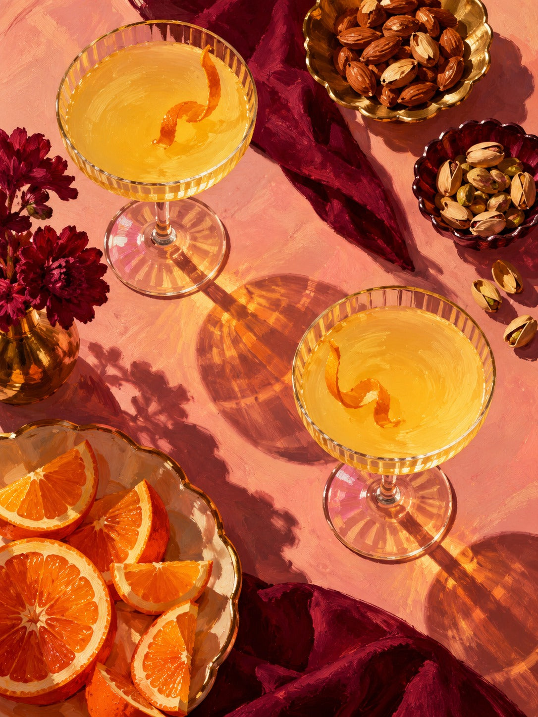 Bovenaanzicht van twee coupeglazen met gouden drankje, schaaltjes met noten, sinaasappelpartjes en bordeaux bloemen op een roze tafel.