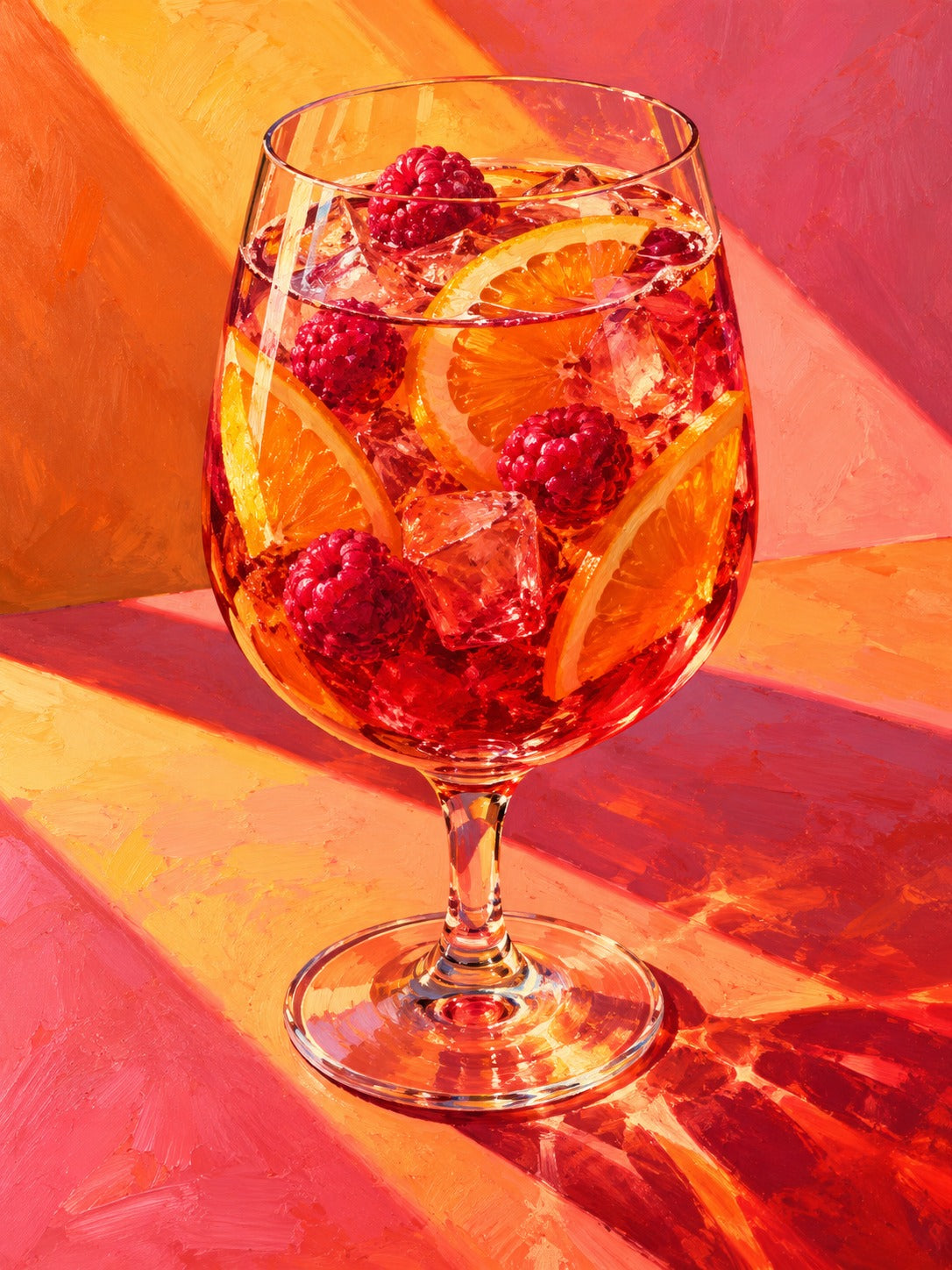 Wijnglas met rood drankje, frambozen, ijsblokjes en sinaasappelschijven tegen een achtergrond van oranje en roze lichtstrepen.