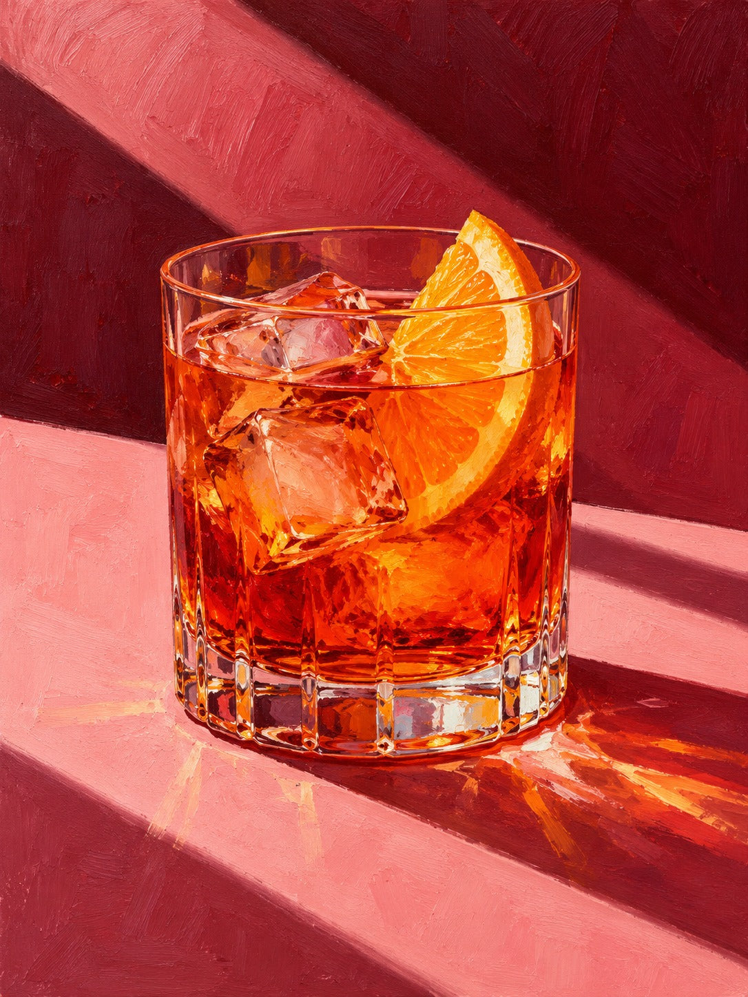Kristallen tumbler met oranjerood drankje, ijsblokken en sinaasappelpartje tegen roze en bordeaux strepen van licht en schaduw.