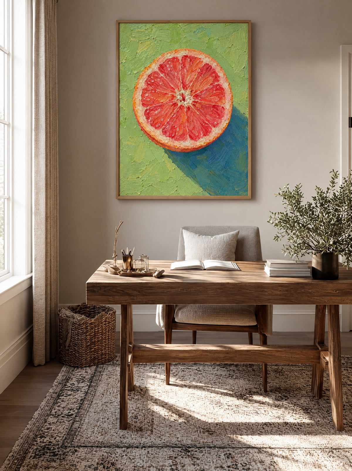 Schilderij met grapefruit in een natuur houten lijst, aan de muur in een lichte eetkamer.