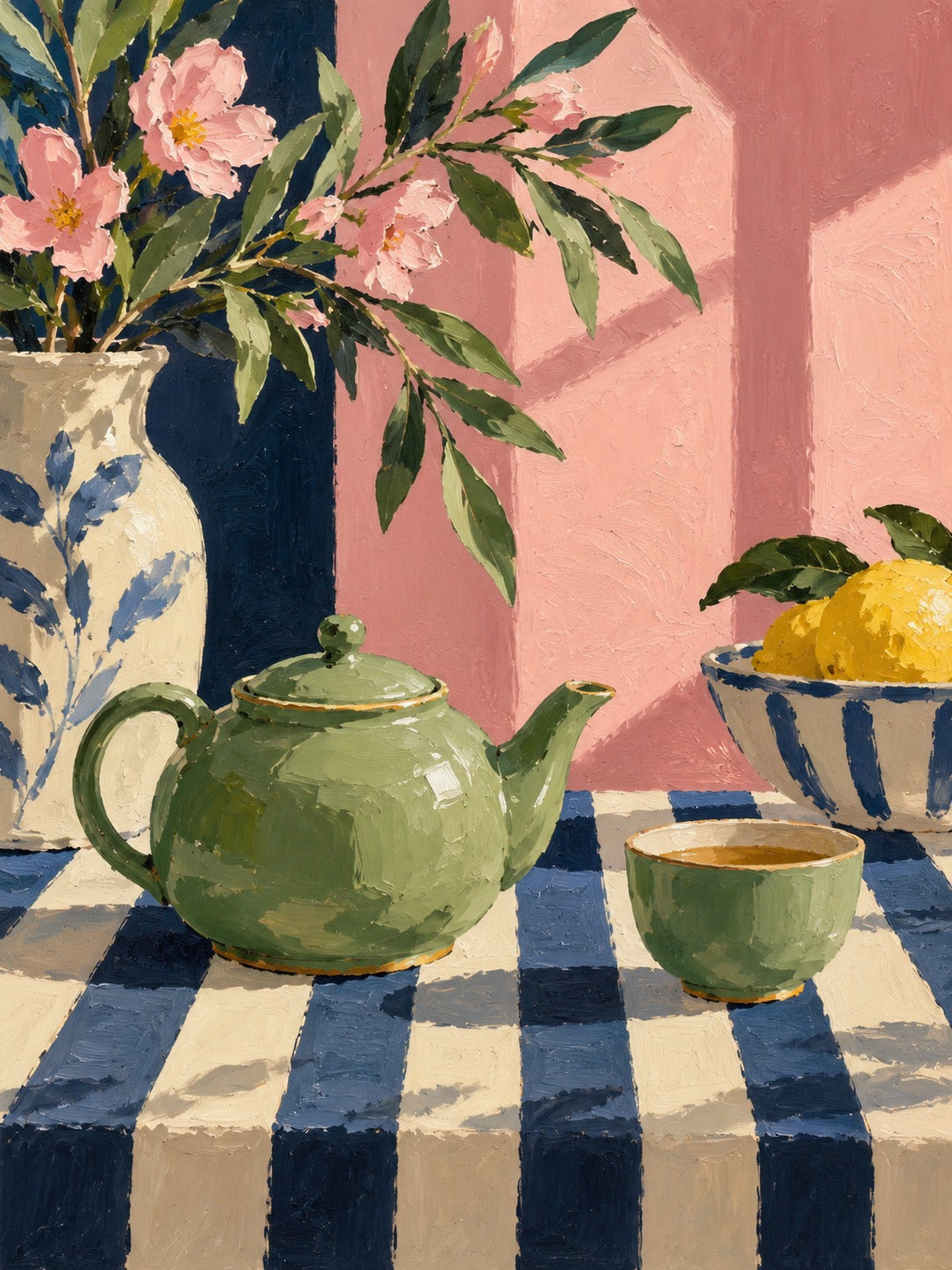 Stilleven met een groene theepot en kopje op een blauw-crème gestreept kleed, een vaas met roze bloesem en een schaal citroenen.
